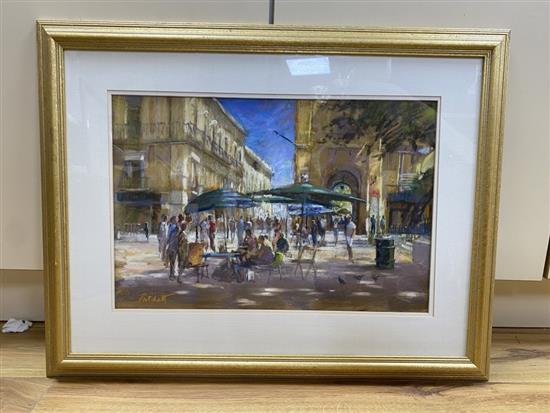 John Patchett (1946-), pastel, Street Hawkers outside St Johns Cathedral, Malta, signed, 33 x 50cm